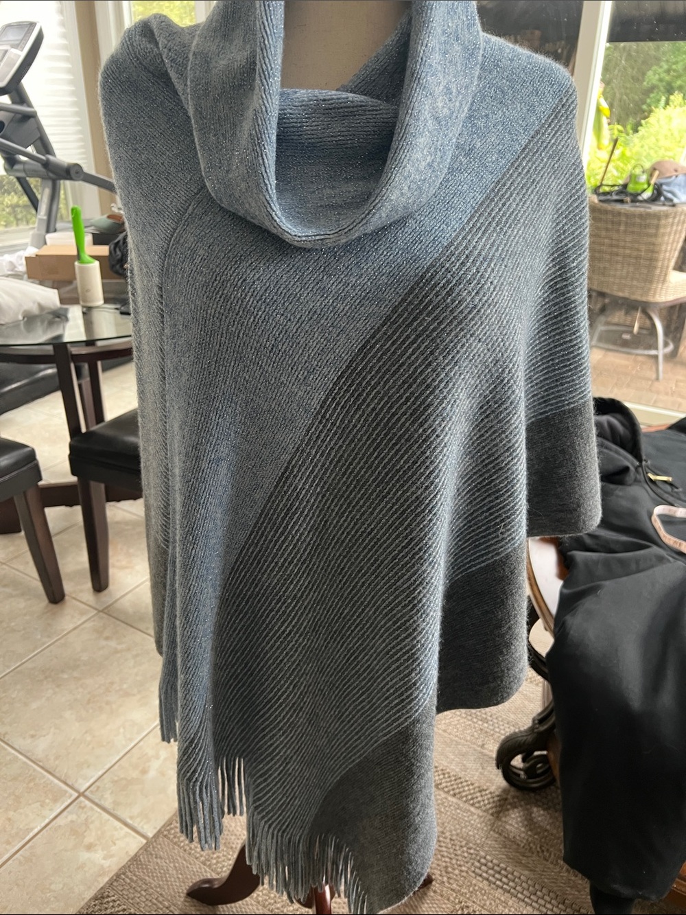 Chicos Silver Shimmer Blue Gray Knit Poncho Cowl Neck Size OS